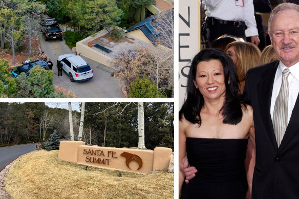 Pejabat penegak hukum berbicara di luar rumah aktor Gene Hackman di Santa Fe, New Mexico. Hackman, istrinya Betsy Arakawa dan anjing mereka ditemukan tewas di rumah.