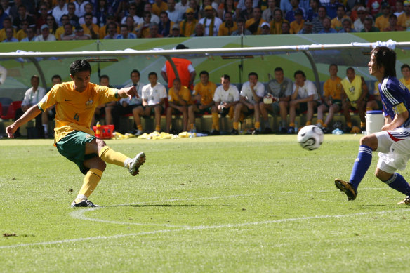 Tim Cahill shoots his 2nd goal   during to put Australia into 3-1 lead over Japan at the 2006 Cup in Germany.