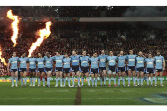 NSW players line up before kick-off in Brisbane.
