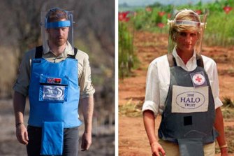 Prince Harry walks through a minefield in Dirico in Angola. Right: Princess Diana in 1997. 