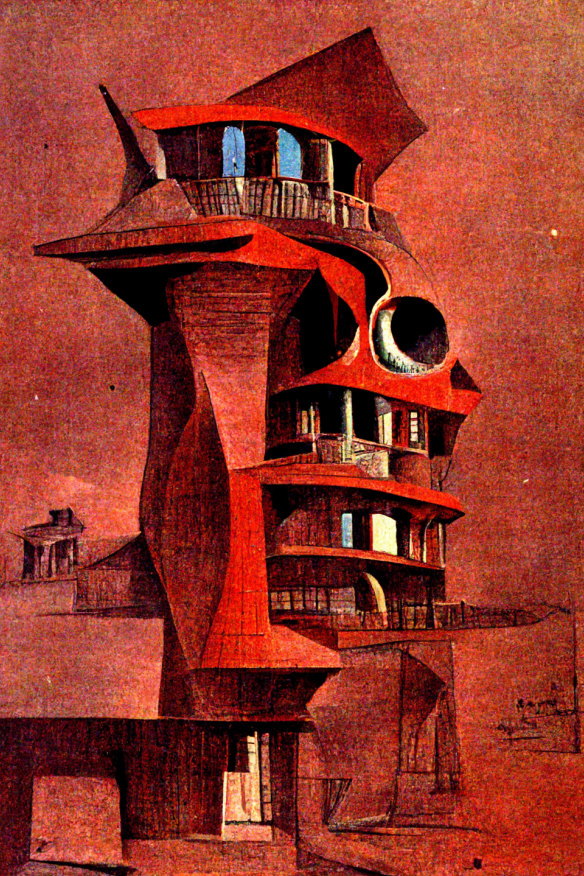 A prize-winning architectural rendering in the style of Max Ernst by Gwyllim Jahn.