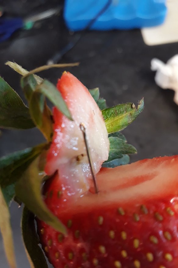 Angela Stevenson posted this photo of the contaminated strawberry she found on Wednesday night.