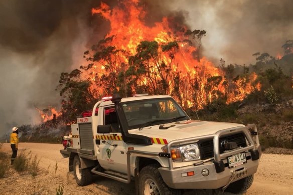 Tasmania Parks and Wildlife Service fighting a bushfire at Miena in January.