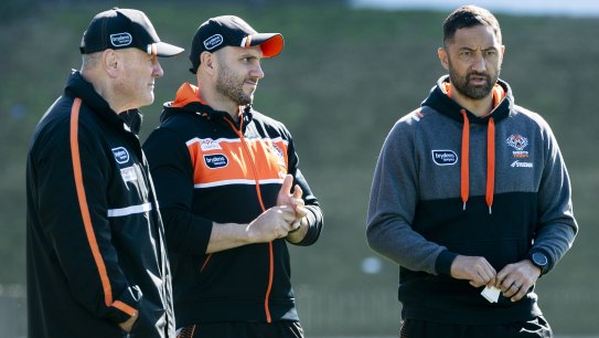Tim Sheens, Robbie Farah and Benji Marshall talk shop at Thursday’s training session