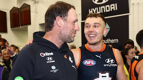 Josh Fraser and Patrick Cripps after Carlton’s third win in a row.