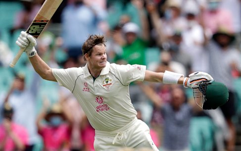 Steve Smith celebrates his century against India at the SCG.