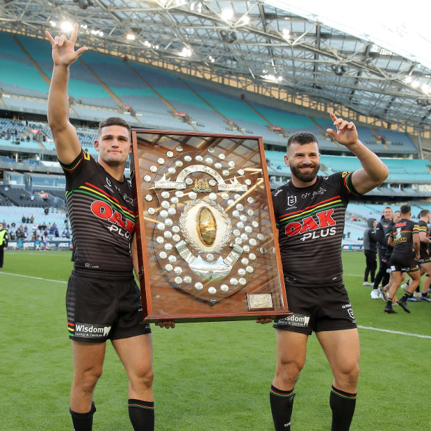 Winners are grinners ... Nathan Cleary and Josh Mansour last Saturday with the JJ Giltinan Shield.