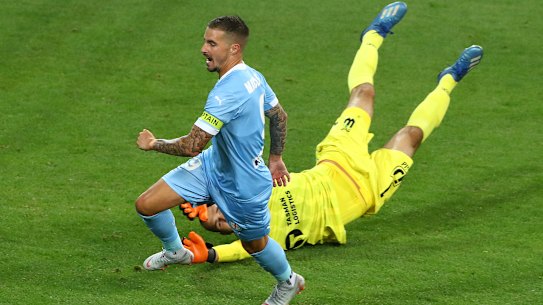 MELBOURNE, AUSTRALIA - JANUARY 16: Jamie MacLaren of Melbourne City celebrates after scoring a goal during the A-League match between Melbourne City FC and Western United FC at AAMI Park, on January 16, 2021, in Melbourne, Australia. (Photo by Robert Cianflone/Getty Images)