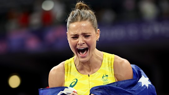 Nina Kennedy celebrates winning Australia's 18th gold medal at the Paris Games.