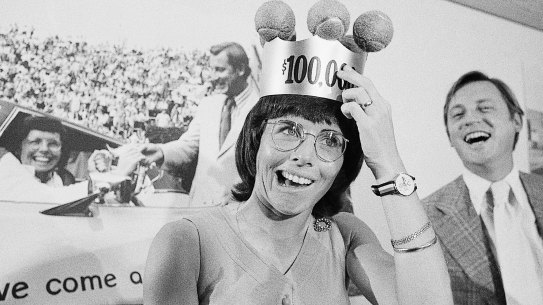 American tennis player Billie Jean King, crowned in 1971 for becoming the first female tennis player to earn more than $150,000 in a year.