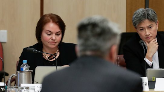 Senator Kimberley Kitching and Senator Penny Wong in a Senate estimates hearing.