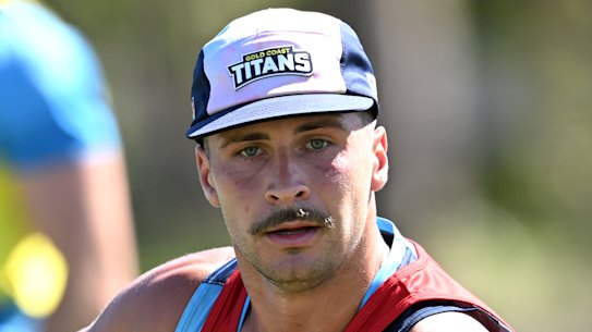 New recruit Lachlan Ilias in action during a Gold Coast Titans training.