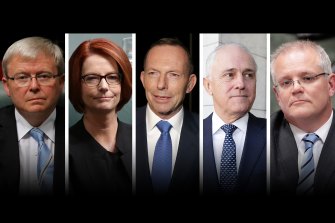 Australiaâs five most recent prime ministers: Kevin Rudd, Julia Gillard, Tony Abbott, Malcolm Turnbull and Scott Morrison. 