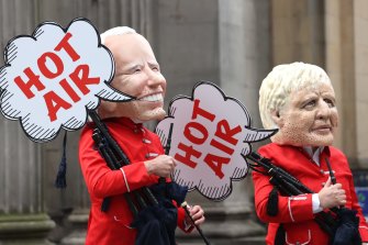 Protestors dressed as US President Joe Biden and British Prime Minister Boris Johnson who were among the world leaders to attend the summit.