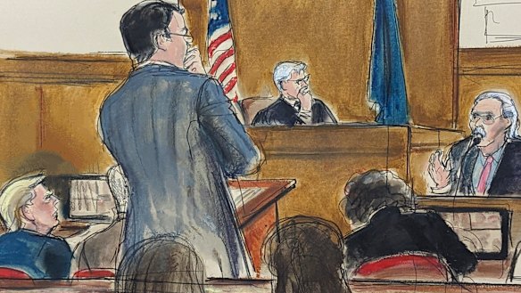 Former president Donald Trump (left) watches as David Pecker (far right)  answers questions on the witness stand from Assistant District Attorney Joshua Steinglass.