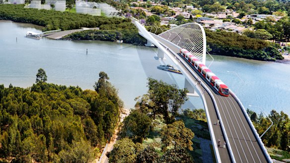 An artist's impression of a bridge over Parramatta River between Melrose Park and Wentworth Point.