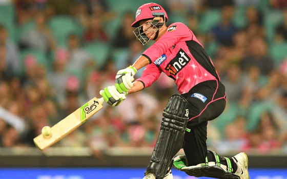 Cop that! Sixers opener Josh Philippe whacks a delivery over cover for six at the SCG on Wednesday night.