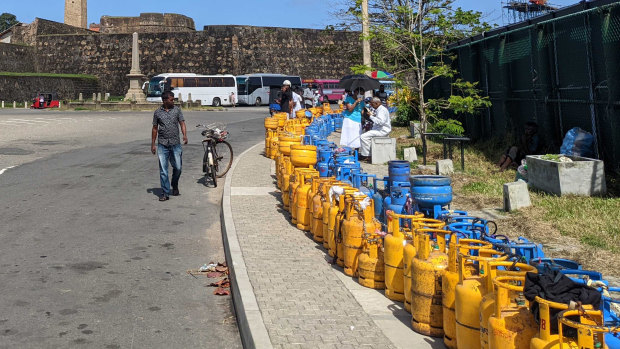 Gas bottles lined up around the southern side of the stadium in Galle.