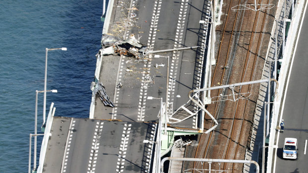 The damaged bridge connecting Kansai International Airport in Osaka a day after typhoon Jebi caused a tanker to slam into its side.