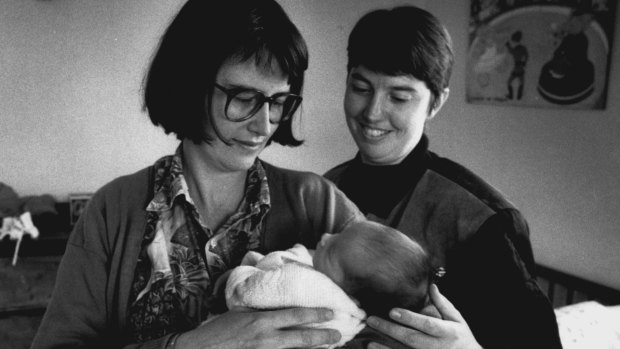 Prue Borthwick and Janet Peters were on the front page with baby daughter Beatrice in 1991.