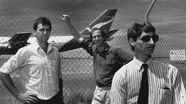 Outsiders ... former Ansett pilots Tom Hopewell and brothers Chris and Alex Paterson, are weighing their options, October 30, 1989. 