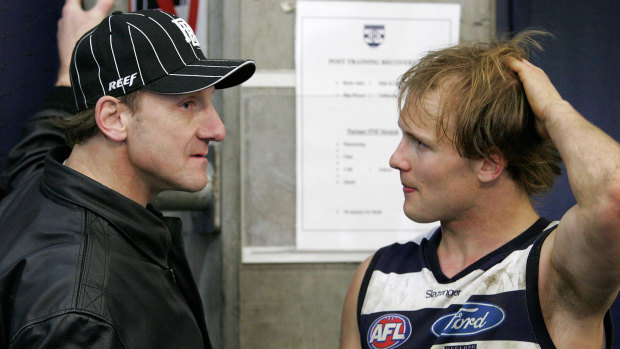 Gary Ablett snr and his son Gary jnr of Geelong talk after the AFL Round 12 match between the Cats and Brisbane Lions.