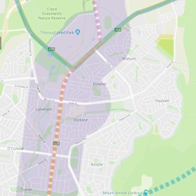 A modified extract of the ACT government's planning strategy. The purple shade indicates the areas earmarked for "urban intensification".