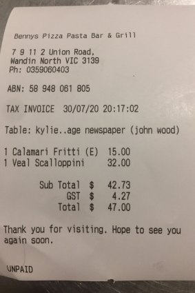 Receipt for lunch with actor John Wood.