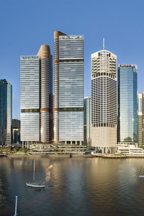 An artist’s impression of the Waterfront Brisbane development, with Riparian Plaza to the right.