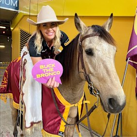 Buck the Broncos’ mascot with his rider Natalie Siiankoski.