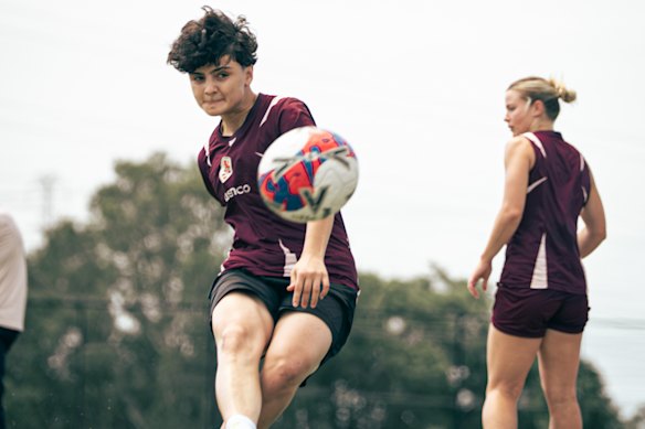 Iranian women’s football player Fatemeh Pasandideh in action training with the Brisbane Roar women’s squad.