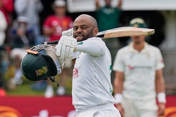 South Africa’s captain Temba Bavuma celebrates after completing his century.