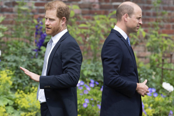 Prince Harry, left, and Prince William at the unveiling of a statue they commissioned of their mother, Princess Diana, on what would have been her 60th birthday, July 1, 2021. 