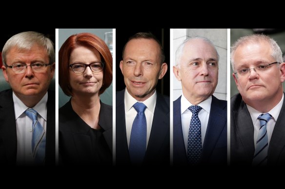 Australia’s five most recent prime ministers: Kevin Rudd, Julia Gillard, Tony Abbott, Malcolm Turnbull and Scott Morrison. 