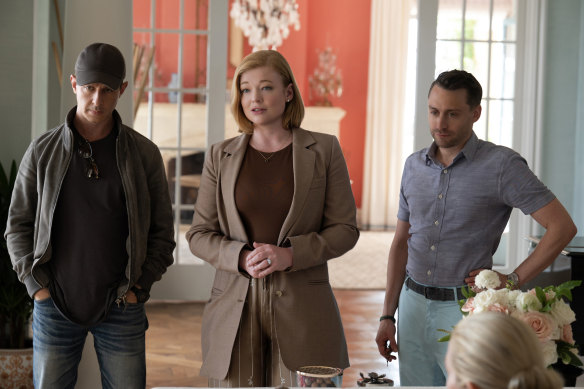 A man’s world ... Jeremy Strong as Kendall Roy, Sarah Snook as Shiv Roy, and Kieran Culkin as Roman Roy.