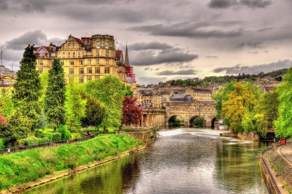 View of Bath town over the River Avon, England.