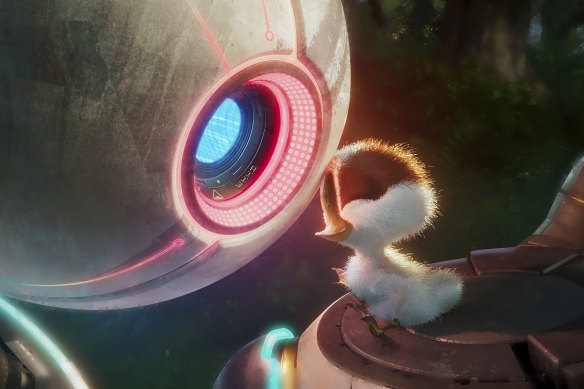 Roz (Lupita Nyong’o) and Brightbill (Kit Connor) in a scene from The Wild Robot.