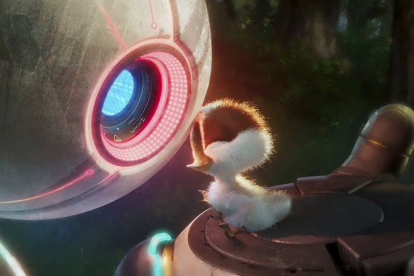 Roz (Lupita Nyong’o) and Brightbill (Kit Connor) in a scene from The Wild Robot.