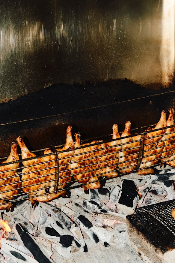 Butterflied chooks are brined for 12 hours with rosemary, lemon, oregano, coriander seed and cinnamon before cooked over coals.