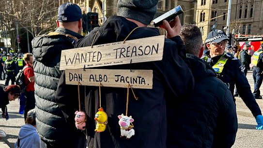 A protester attending the March for Australia rally in Melbourne on August 31.