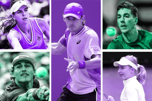 Australia has 14 players in the singles draw at Wimbledon, with Alex de Minaur (centre) the main hope. Others to watch include (clockwise from top left) Ajla Tomljanovic, Thanasi Kokkinakis, Daria Saville and Max Purcell. 