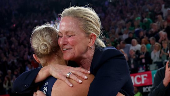 Simone McKinnis and Kate Moloney embrace.