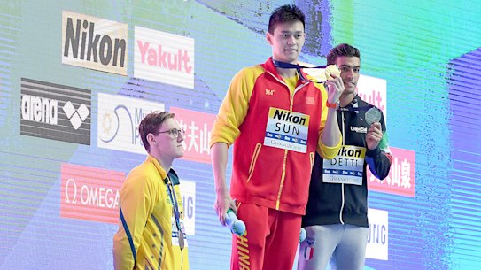 Australia's Mack Horton protests against China's Sun Yang's 400m freestyle win at the 2019 swimming world championships.