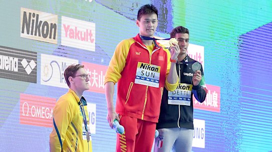 Mack Horton AUS protests Sun Yang's Gold Medal after the 400m freestyle final at the FINA World Champioships.