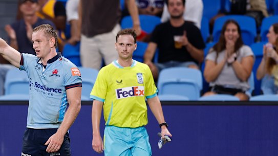 Max Jorgensen of the Waratahs celebrates a try