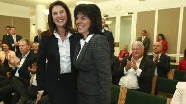 Senator Jane Hume and Liberal MP Julia Banks welcomed by colleagues after the 2016 election.