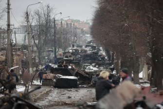 The gutted remains of military vehicles Bucha, just north-west of the Ukraine capital Kyiv.