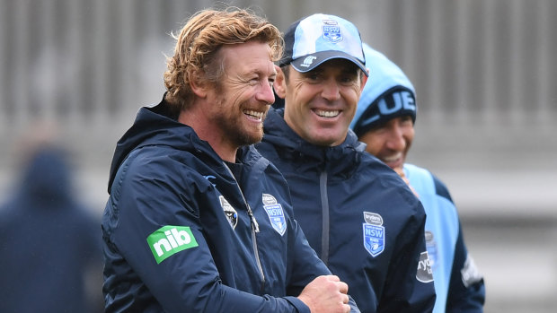 Hollywood comes to Coogee: Actor Simon Baker with Brad Fittler and Andrew Johns at Blues training.