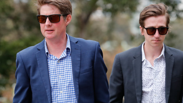 Jarrod McLean, left, and William Hernan arrive at Racing Victoria for the hearing.