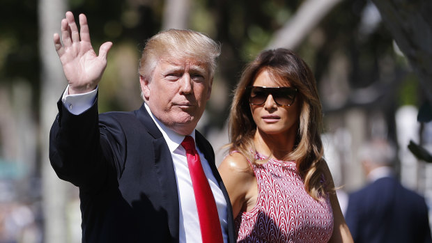 President Donald Trump and first lady Melania Trump arrive for Easter services at Episcopal Church of Bethesda-by-the-Sea, in Palm Beach, Florida, on Sunday, April 1.